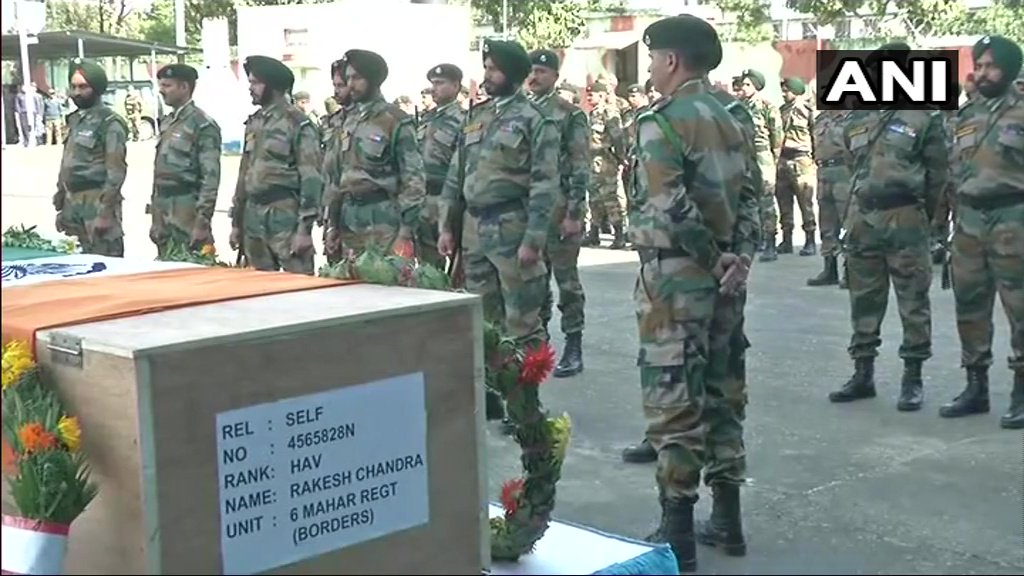 ANI's tweet image. Jammu: Wreath laying ceremony of Havaldar Rakesh Chandra who lost his life in #SunjuwanTerrorAttack  #JammuAndKashmir