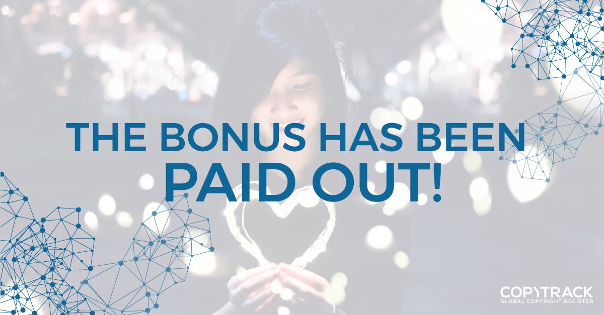 💯  We are happy to announce that the CPY Bonus Tokens have been paid out! Everyone who purchased CPY Tokens during the Bonus Program has received the Bonus Tokens in their wallet.

If you have questions, please use our website messenger 👉copytrack.io

#CopytrackICO