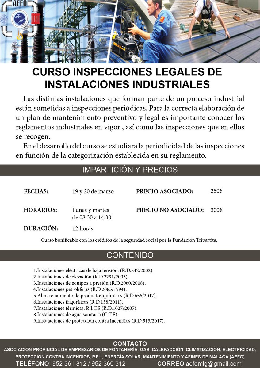 AEFOmlg's tweet photo. CURSO DE INSPECCIONES INDUSTRIALES EN AEFO.
 ABIERTO PLAZO DE INSCRIPCIÓN https://t.co/ikZTqdO0T0