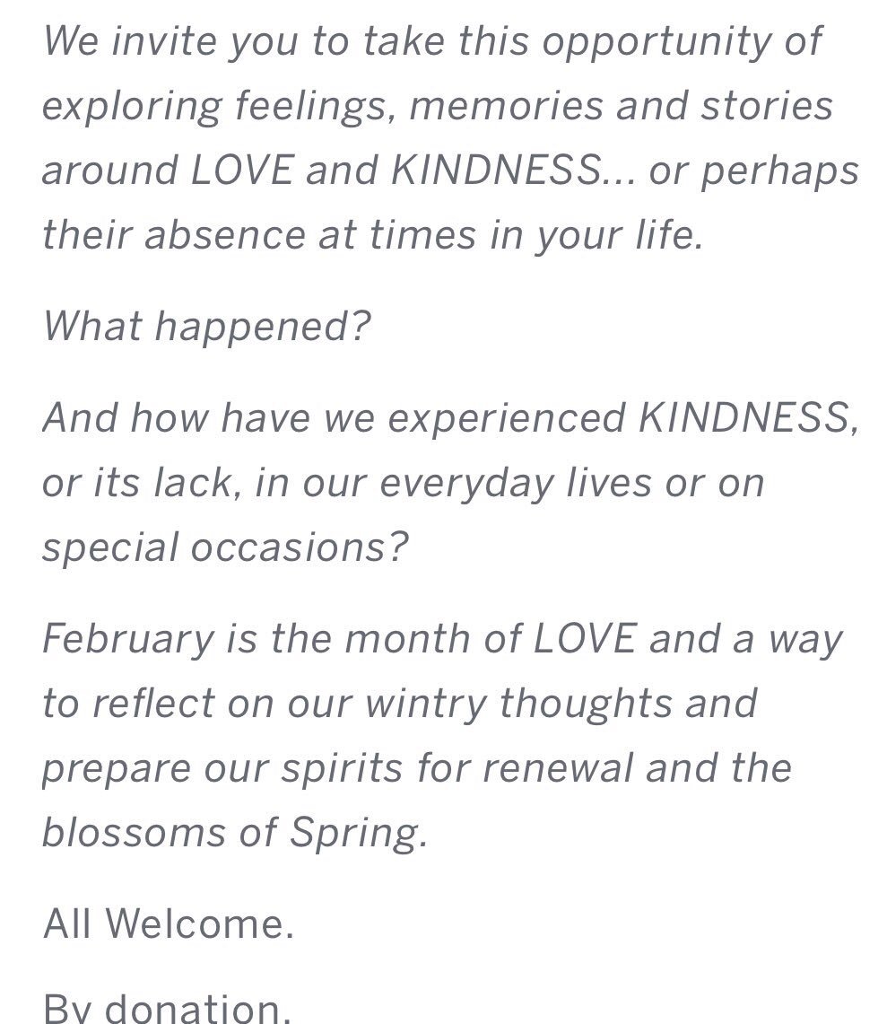 Don’t forget this Friday 16th Feb’s performance, folks! Sharing stories of Love &amp; Kindness. Come, come, whoever you are!