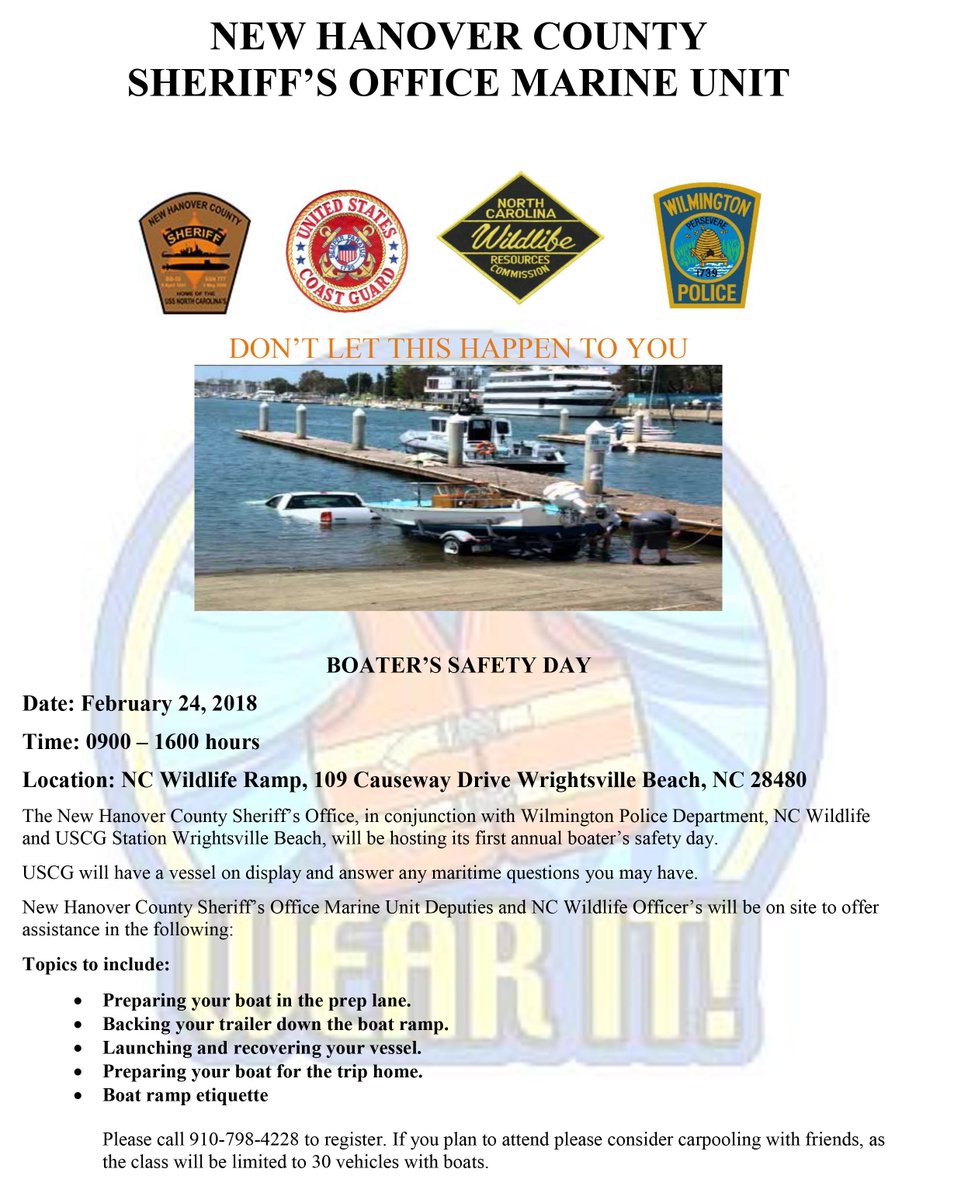 NewHanoverSO's tweet image. Do you have a question about boating in New Hanover County? Want some help from the professionals? Want to learn how to tie up to the dock, back the boat or getting the boat ready for the water.