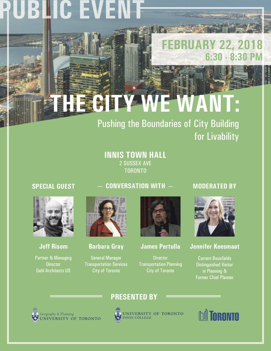 USPUofT's tweet photo. Join us at @innistownhall on February 22 at 6:30 PM for "The City We Want: Pushing the Boundaries of City Building" with @jen_keesmaat, @jeff_risom and distinguished guests from the City of Toronto. RSVP here: https://t.co/YopIPSes2K. #TheLiveableCity https://t.co/fGe9Kr17WA