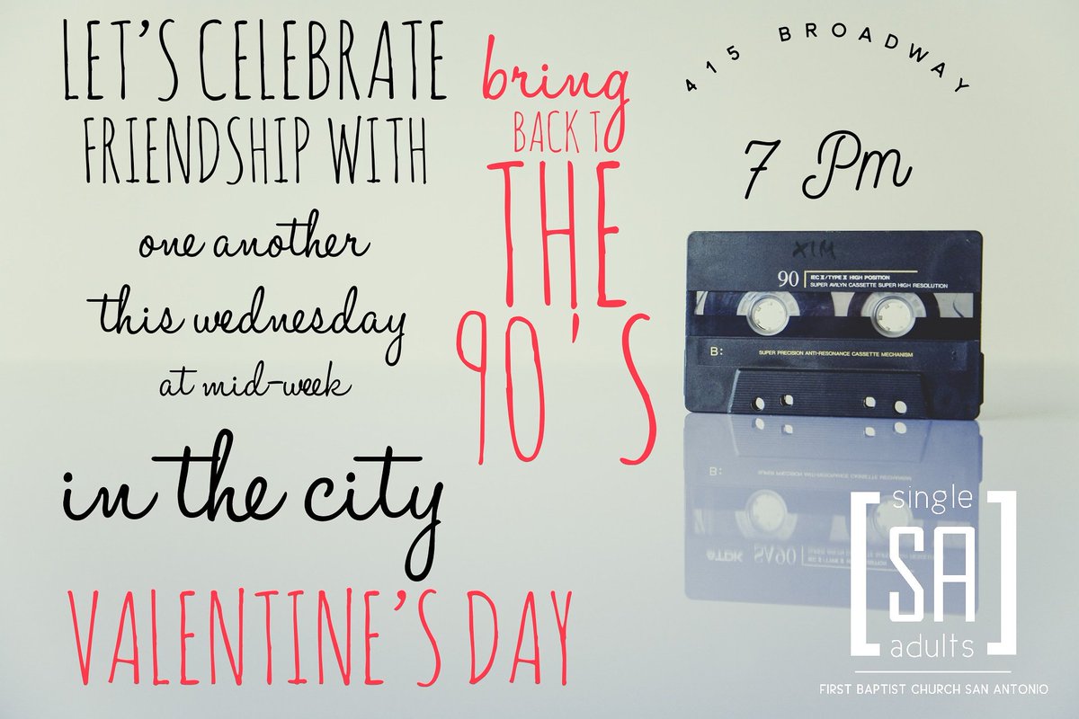 Mid-Week In The City
Wednesday, February 14
Topic: "Bring Back the 90’s Night" 

The 90's. Fruit Rollups, combat boots, Discman, Blue’s Clues, Fresh Prince.  Let’s celebrate friendship with one another. Alex de Hoyos and his band Mixtape Valentine will be there to serenade us.