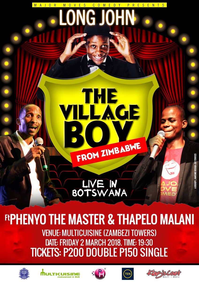 <a href="/long_john_/">LongJohn</a>  ft <a href="/PhenyoTheMaster/">Phenyo The Master</a> + Thapelo Malani: Fri 2 Mar @ Multicuisine (Zambezi towers - CBD). Tickets available at Webtickets &amp; Spar Outlets or +26773882020 #Villageboy #MajorMovesComedy