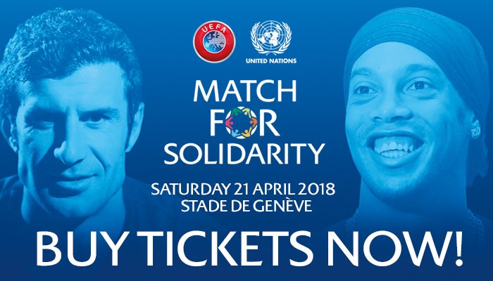 UEFA's tweet image. 🚨 Ticket sales are LIVE! 🚨 

Join legends like @LuisFigo and @10Ronaldinho for a special charity match in Geneva 🎟

Ticket link 👉 bit.ly/2nTsIWg

🤝 #MatchForSolidarity 🤝