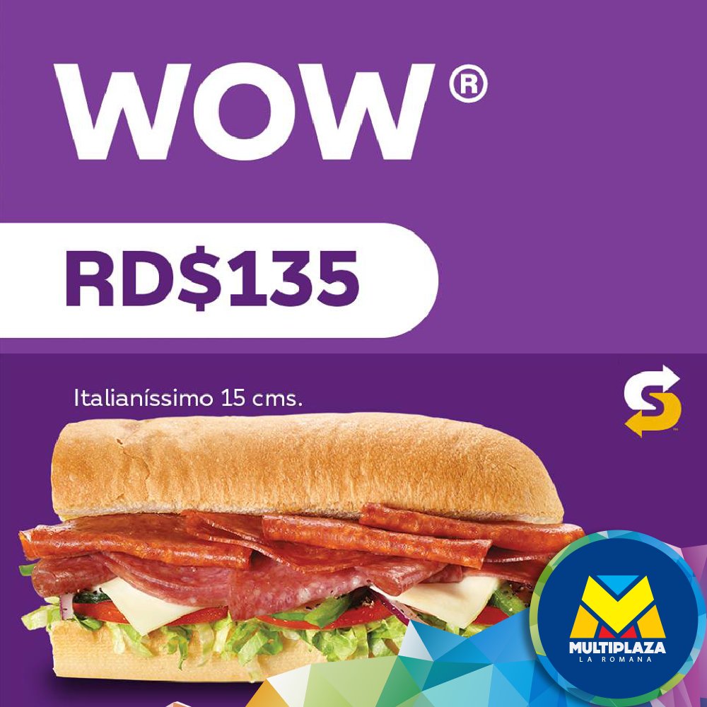 Todos los días por solo RD$135 puedes venir al #FoodCourt de tu #MultiplazaLaRomana a buscar tus 15 centímetros llenos de puro sabor italiano de #Subway. #CentroComercial