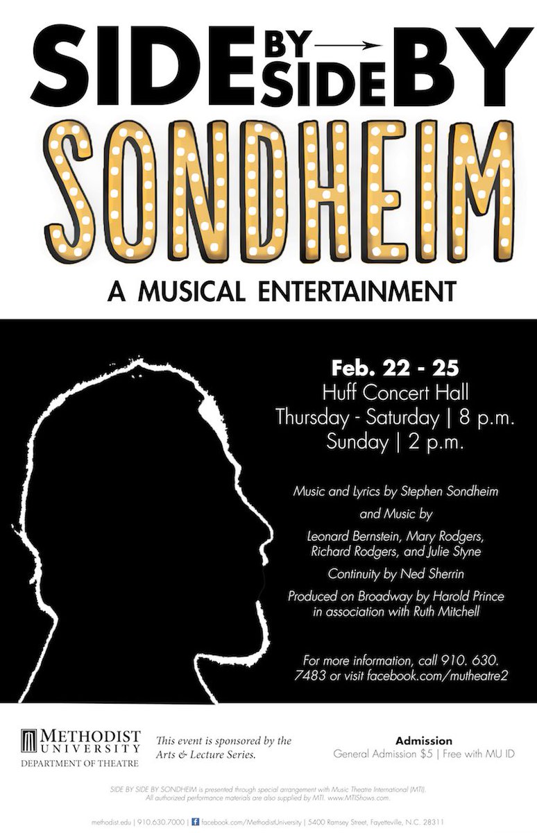 MethodistU's tweet photo. SAVE THE DATE(S): The MU Department of Theatre will present "Side by Side by Sondheim" from Feb. 22 to 25. Tickets are free with your MU ID or $5 for general admission. #EventsAtMU #MethodistUniversity https://t.co/HWBxZq3Brn