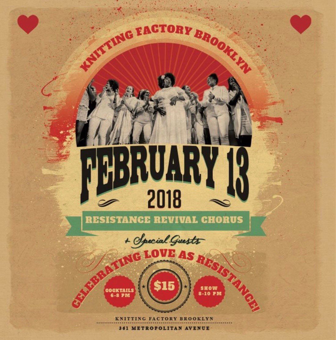 See you tonight, New York! Come sing with us and celebrate LOVE as resistance with the Resistance Revival Chorus and friends at @KnitFactoryBK! Tickets available here: bit.ly/RRCLoveAsResis…