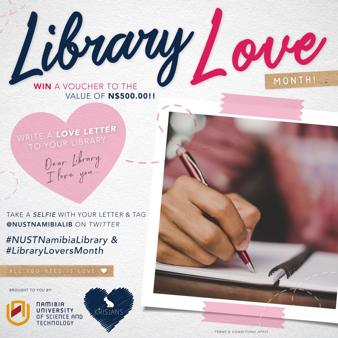 NustNamibiaLib's tweet photo. With 16 days to go, here's something from Krisjans to sweeten the deal.
#LibraryLoversMonth #LoveLetter #NUSTNamibiaLibrary https://t.co/0dSZhegPmf