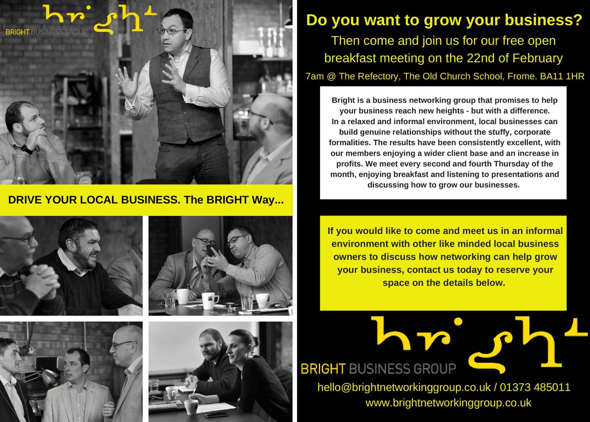 brightnetworkuk's tweet image. Do you want to grow your business? 
Bright Business Group invite you to join them for their open breakfast meeting on the 22nd of February @ #TheRefectory #theoldchurchschool #Frome BA11 1HR. Call 01373 485011 or follow the link ow.ly/IpOI30imTyj