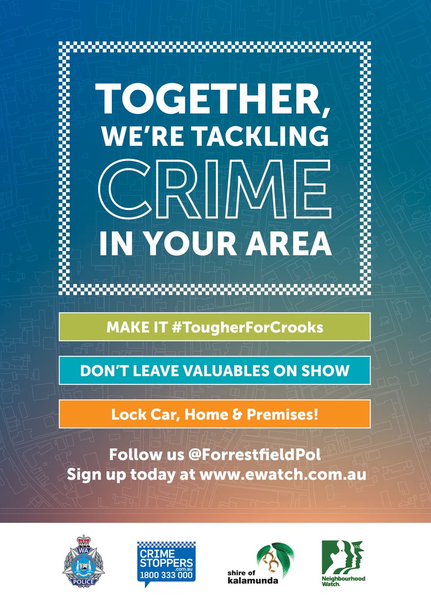 ForrestfieldPol's tweet image. @ForrestfieldPol &amp;amp; @CityofKalamunda are asking all our great businesses &amp;amp; residents... Have u #LookLockLeave valuables @home?  Always make sure u #SecureYourHomeandCar &amp;amp; #Dontleavepropertyunattended in your car!  Think #TougherForCrooks &amp;amp; #ReportSuspiciousBehaviour #fb