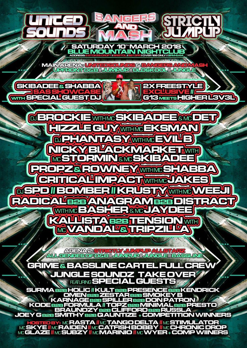 Tickets 
bristolticketshop.co.uk

Saturday 10th march 
Blue mountain Bristol 
#bangersandmash 
#unitedsounds
#strictlyjumpup
#dnb #bristol
