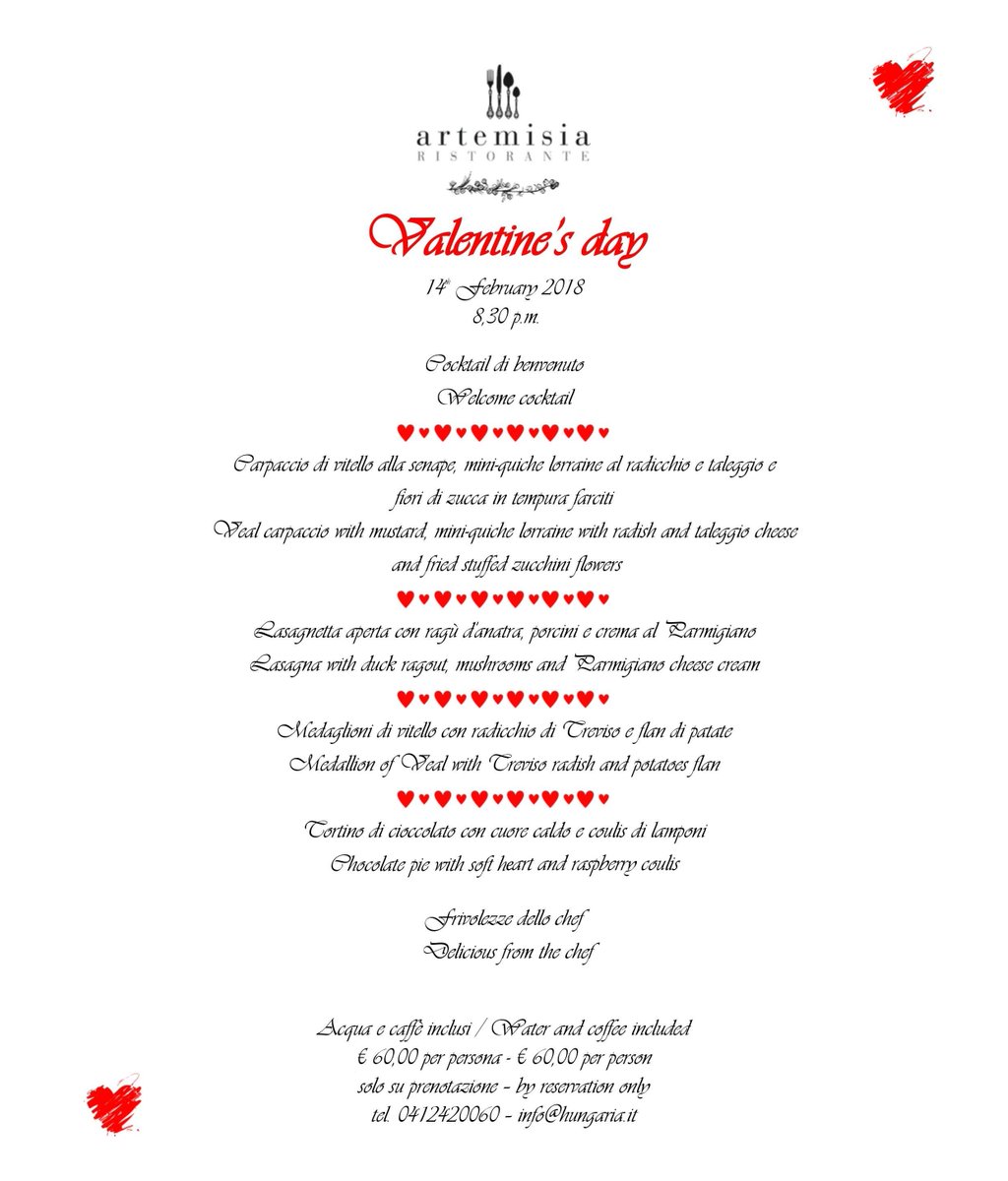 SAN VALENTINO E' ALLE PORTE!

Ecco i menù di carne e pesce del Ristorante Artemisia.
Venite presso il nostro ristorante per vivere una serata romantica assieme alla persona che amate. 💘💘