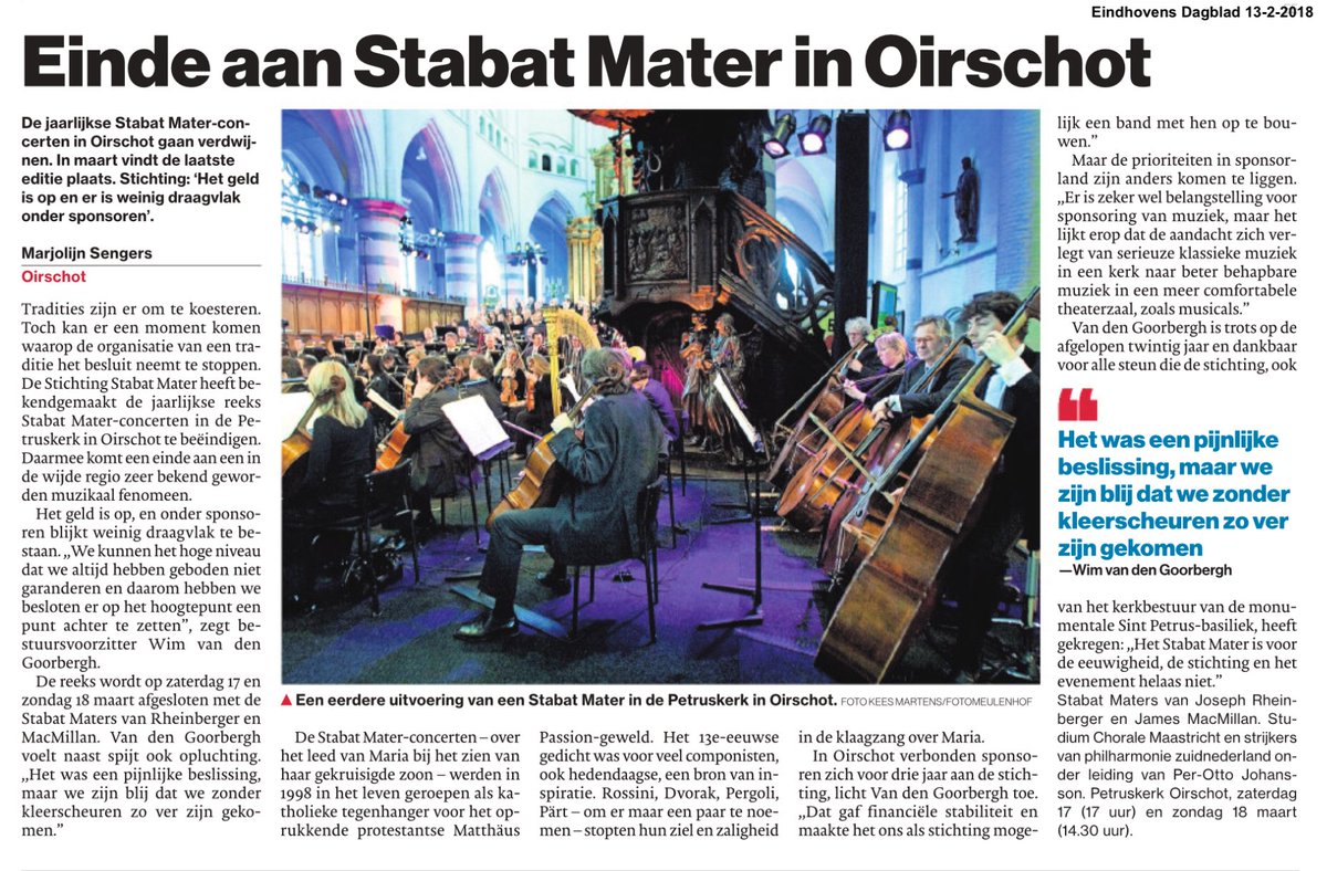 Vandaag in het Eindhovens Dagblad een artikel over Stabat Mater - 20 jaar jubileum en tevens het laatste jaar in Oirschot.

Kaarten voor de zaterdag zijn nog te bestellen op stabatmater.nl