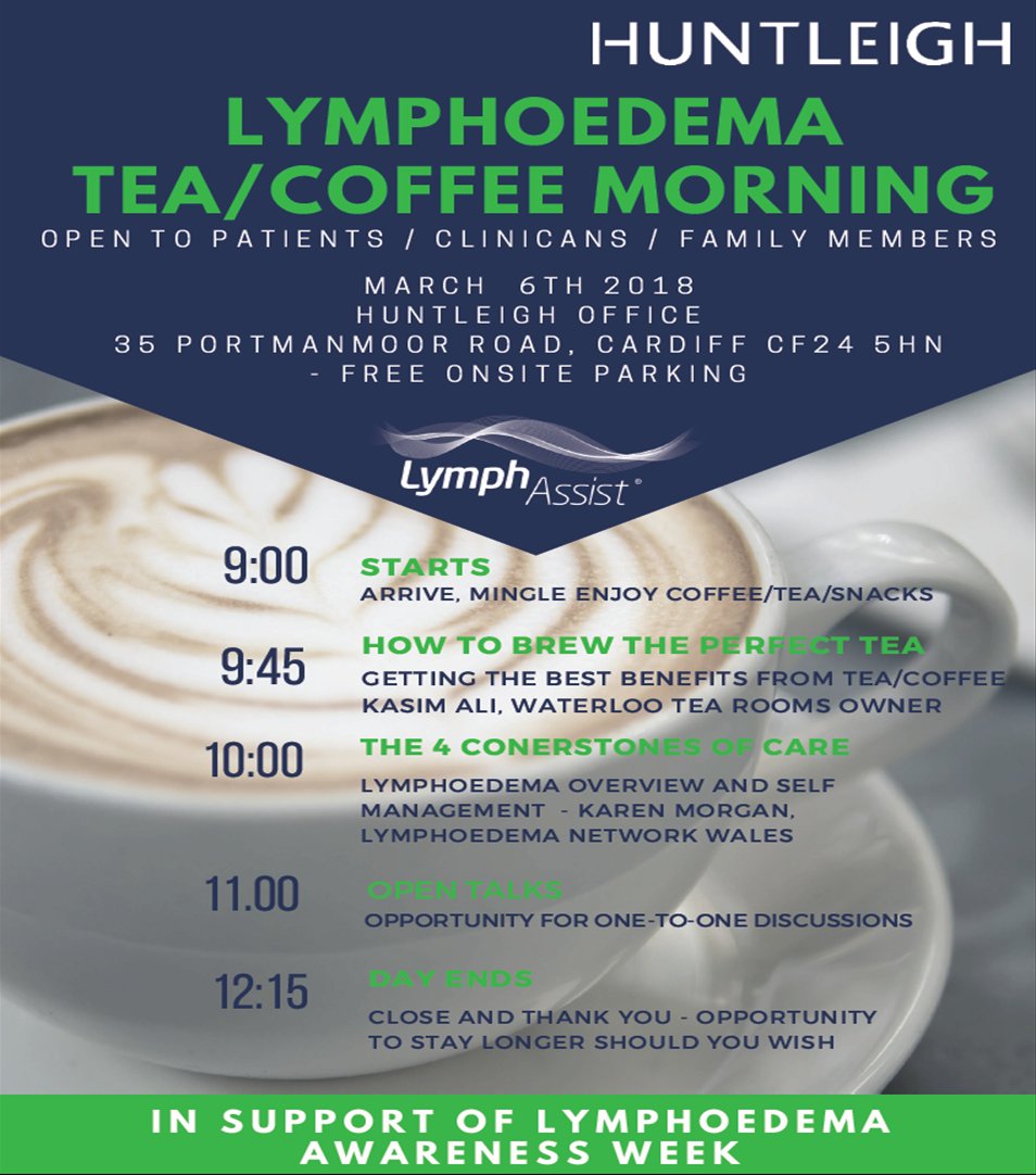 Huntleighdiag's tweet photo. 𝗦𝗔𝗩𝗘 𝗧𝗛𝗘 𝗗𝗔𝗧𝗘! Tuesday 6th March Huntleigh will be holding a Tea/Coffee Morning for those affected by #Lympoedema as part of our activities for Lymphoedema Awarness Week. #LymphAware #Lymphedema https://t.co/cJHNd8zfOE