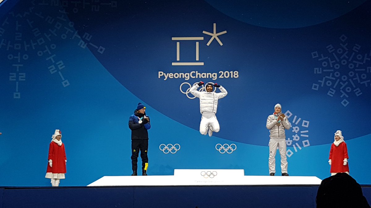 biathlonworld's tweet photo. If you are the pursuit Olympic champion... fly? 🤔😂👏 @martinfkde in #PyeongChang2018 #biathlon https://t.co/os3k12ME2s