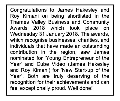 RooksRider's tweet image. Congratulations to Thames Valley Business &amp;amp; Community Awards 2018 finalists @James_Hakesley #YoungEntrepreneuroftheYear and @CubeVideoUK #NewStartupoftheYear (James Hakesley &amp;amp; @Roy_Kimani) Both truly deserving of the recognition! #TVBCAwards #ThamesValley #Entrepreneur #Startups