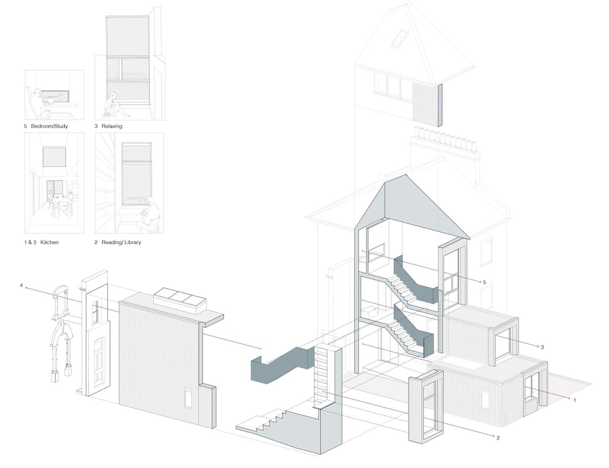 gruffarchitects's tweet photo. A #BreakspearsHouse exploded axonometric; a large open staircase sits within the void formed by interlocking traditional + modern architectural components. Half-landings with large glazed openings offer views over the garden in light-filled spaces for study, reading + relaxing. https://t.co/Kl8r0vzsk3