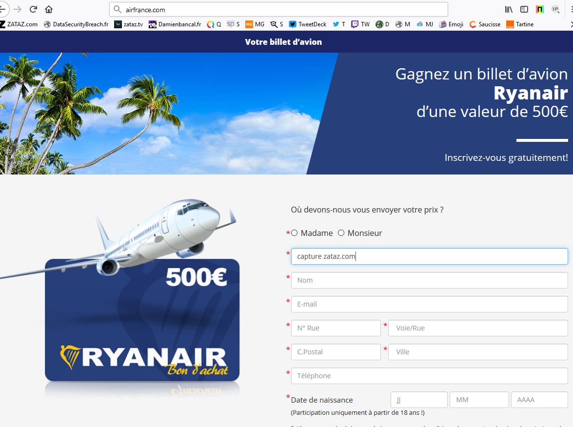 zataz's tweet image. Depuis plusieurs jours, des messages aux couleurs d’ @AirFranceFR vous proposent de gagner un billet d’avion d’une valeur de 500€. Attention, arnaque. zataz.com/fraude-aux-cou… #cybersecurite @cybervictimes