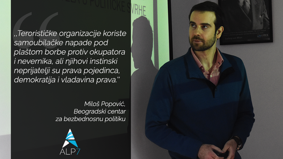 LibekBG's tweet photo. Prošle nedelje na glavnom programu Akademije liberalne politike predavanje je održao @milos_agathon , iz @bezbednost_org , na temu Samoubilački napadi ili razaranje sopstvenog tela u političke svrhe. #ALP7 https://t.co/W95odb6uR2