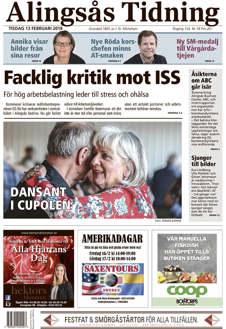 AlingsasTidning's tweet photo. Mycket läsning i dagens eAT (och pappers-AT förstås). Så här ser förstasidan ut @svenska_ettor #alingsås #alingpol @RodaKorset https://t.co/zn91h83r4r https://t.co/7QeGGo6tgo