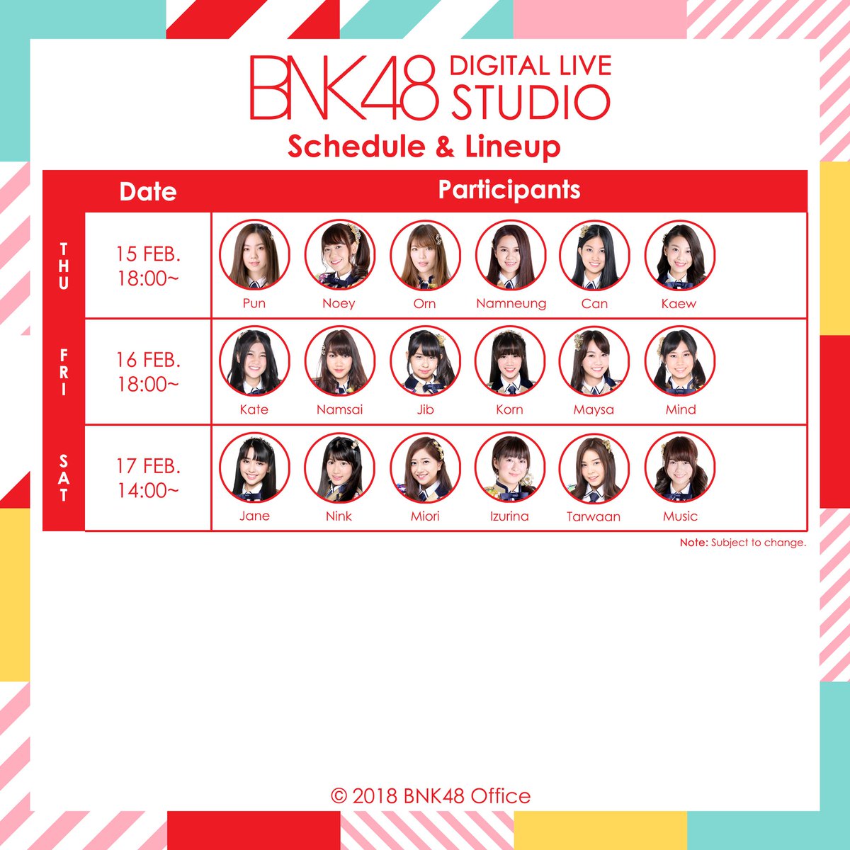 bnk48official's tweet photo. ตาราง Digital Live Studio ประจำวันที่ 15 - 17 กุมภาพันธ์ 2561
ตารางอาจมีการเปลี่ยนแปลงได้ในภายหลัง

#BNK48 #BNK48DigitalStudio https://t.co/xZF36TClnG