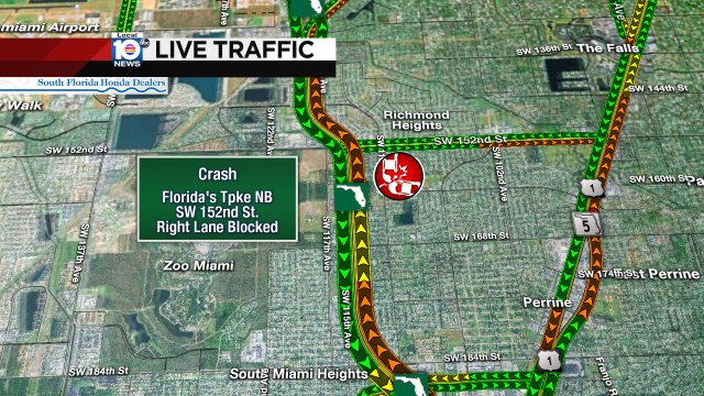 CRASH: Florida's Tpke NB & SW 152nd St. A right lane is blocked; expect delays. #TRAFFIC https://t.co/xeHnfxWnx8