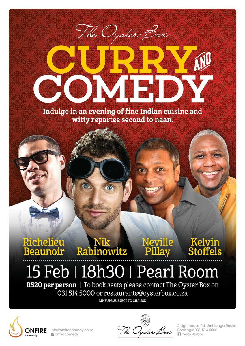 OnFireComedy's tweet photo. Treat your "someone special" to a fantastic night: Thursday at @oysterbox, uMhlanga!
#PremiumComedy #Durban #Comedy @nikrabinowitz @topdan https://t.co/4FLIPDLe9x