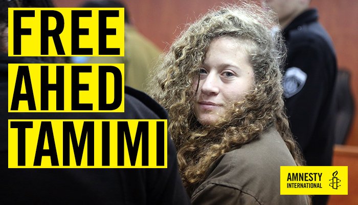 amnesty's tweet photo. Ahed Tamimi has become a powerful symbol of Palestinian resistance.
Help us put global pressure on Prime Minister @netanyahu to #FreeAhedTamimi immediately → https://t.co/8V3XNq5L6P #FreeAhedTamimi https://t.co/RkXOiJWiaG