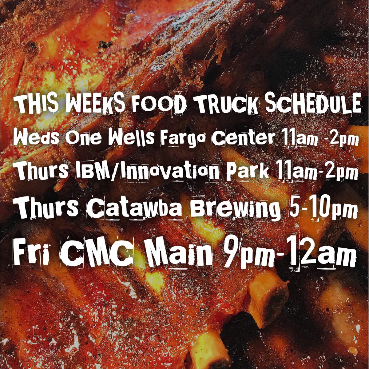 Here’s our schedule for the week! Check out our new spot for Thursday lunch at #InnovationPark ! Don’t forget our $7 brisket chili and cornbread special!!!