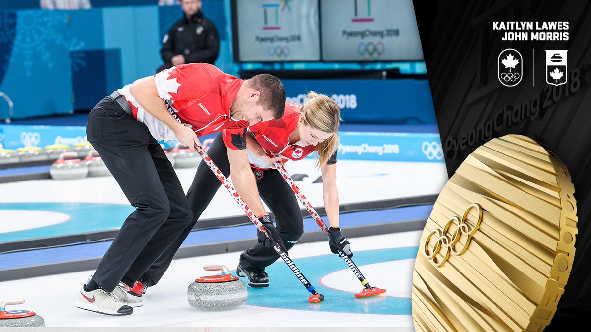 TeamCanada's tweet image. Olympic champions!🥇
 
Kaitlyn Lawes and John Morris win the first-ever mixed doubles #curling Olympic gold: bit.ly/2ssjipk
 
#TeamCanada | #PyeongChang2018.