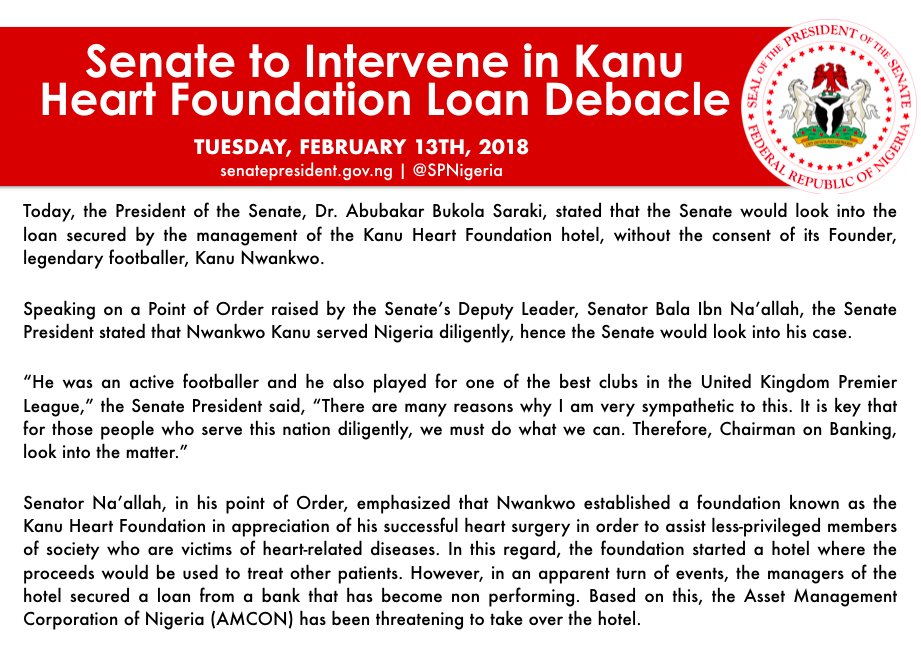 Senate directed its committee on Banking, Insurance & other financial to investigate crisis between  former Super Eagles captain, Nwankwo Kanu & AMCON
