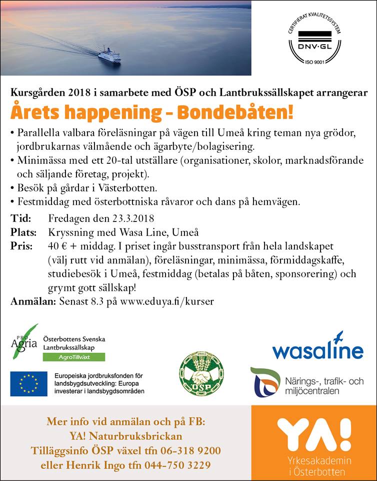 Våren kommer! 🌷 men innan vårbruket drar igång hinner det ägnas en dag åt samvaro, nya kunskaper och gårdsbesök i Västerbotten! Välkomna med på #bondebåten från Vasa till Umeå! med <a href="/SLC_lantbruk/">SLC</a>;#ÖSP <a href="/YA_osterbotten/">YA!</a> <a href="/ProAgria/">ProAgria</a>; #ÖSL och <a href="/wasaline_fi/">Wasaline</a>