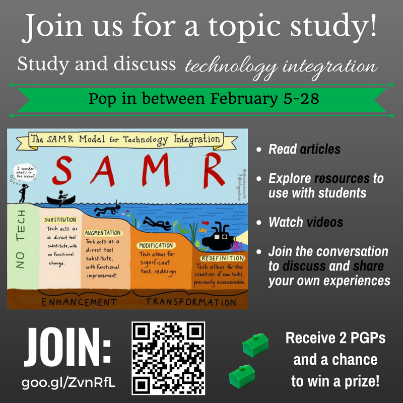 Want to learn more about SAMR, tech integration, and try out some tech tools (TodaysMeet, Padlet, or Flipgrid)? Join our February topic study at goo.gl/ZvnRfL for ideas, discussion, PGPs, and a chance to win a prize. #cgi3