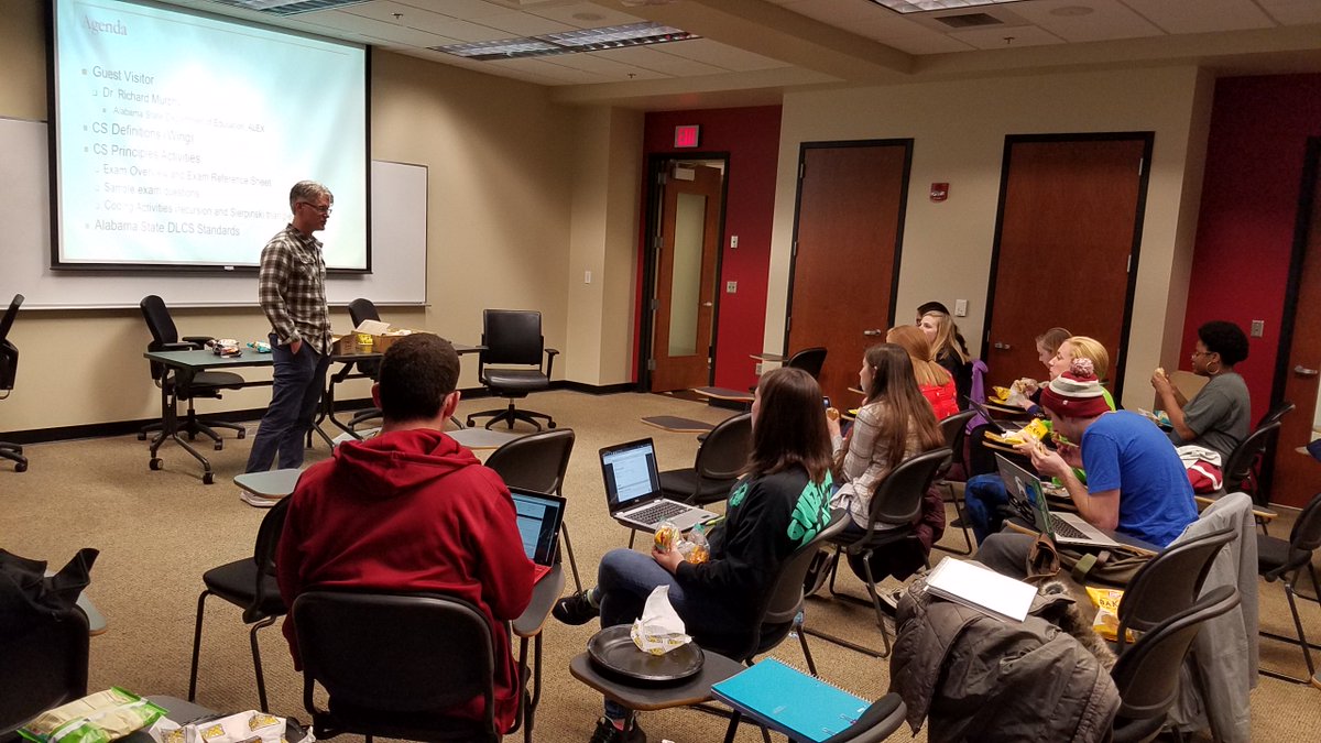 jgrayatua's tweet photo. Dr. Richard Murphy, who leads the ALEX project at ALSDE, spoke to the CS 492 Secondary MathEd students about unpacking of standards and the resources available to educators through ALEX. CS 492 is training pre-service math educators to teach AP CS Principles.  @AlabamaDeptofEd https://t.co/IWci46kBxQ