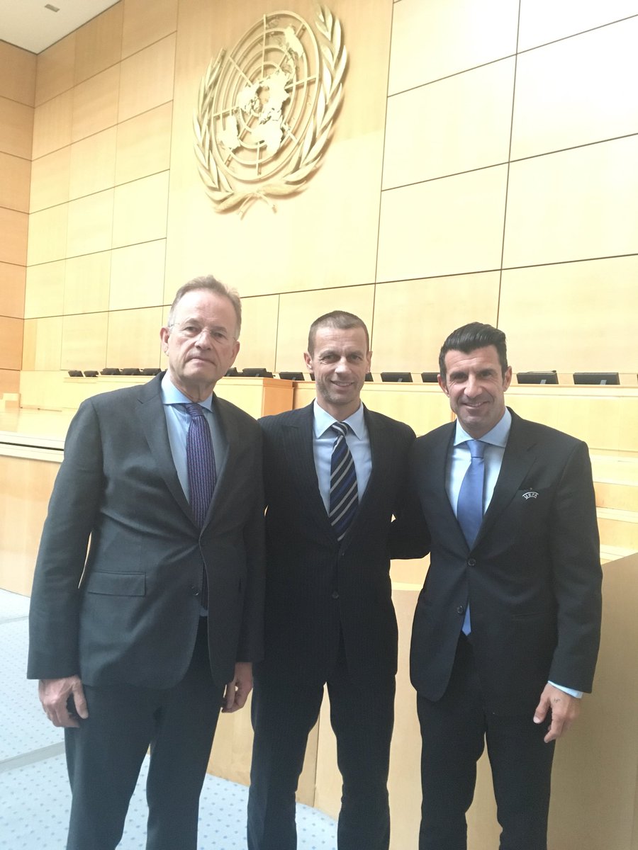 michaelmoller's tweet image. Happy to welcome @UEFA President Mr. Čeferin and @LuisFigo at @UNGeneva today for announcing a big event in partnership with @UEFA #MatchForSolidarity