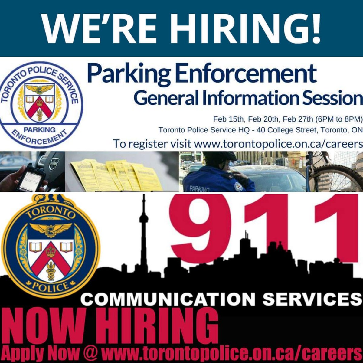 tps_peothewest's tweet photo. Toronto Police Services is hiring.  Information sessions for 911 Communications and Parking Enforcement Officers coming up https://t.co/JEl5UCUNdr