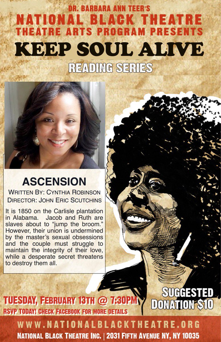 NatBlackTheatre's tweet photo. Happening #TONIGHT, #TUESDAY at 7:30pm! Come out and support the KSA #ReadingSeries! As #NBT showcases #NewPlays in development by #BlackPlaywrights. @ The National Black Theatre: 2031 Fifth Avenue (between 125th and 126 Streets) #KeepSoulAlive #BlackTheater #PresentPulse https://t.co/nP087roaJi