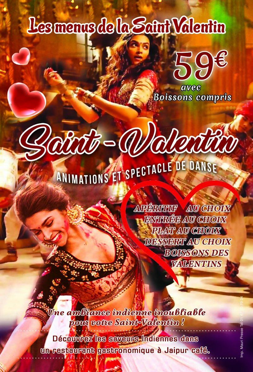 💖 Saint Valentin ambiance Bollywood ! 💖
  Vous aimez l'Inde et vous rêvez d'une soirée Bollywood en Amoureux ? Le  Jaipur Café, le restaurant le plus Bollywood de Paris. 
 💍 evenement.restoaparis.com…/sa…/Jaipur_caf%C3%A9/1596
