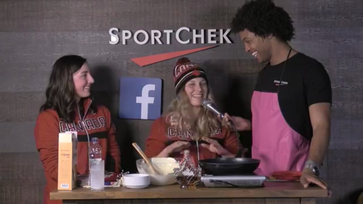 TeamCanada's tweet photo. Happy #PancakeTuesday! 🥞

#TeamCanada freestyle skiiers @andi_naude and @AudreyRobichaud whip up some pancakes at Canada Olympic House at #PyeongChang2018

Watch 👉 https://t.co/7Yv8b8LBN0 https://t.co/McEffnG6vs