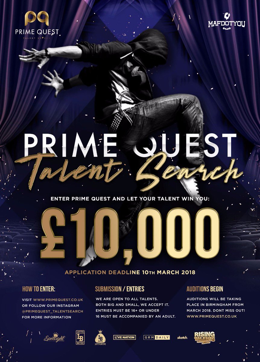Bolusays's tweet photo. 🚨🚨CALLING ALL CREATIVES 🚨🚨
An amazing opportunity to showcase your talent via @Primequest_ts with the chance of winning £10,000 CASH!
#PrimeQuest Where can your talent take you?
Sign Up on https://t.co/pxFVquLDzw to be in with a chance of winning https://t.co/dRDkT3IPIS