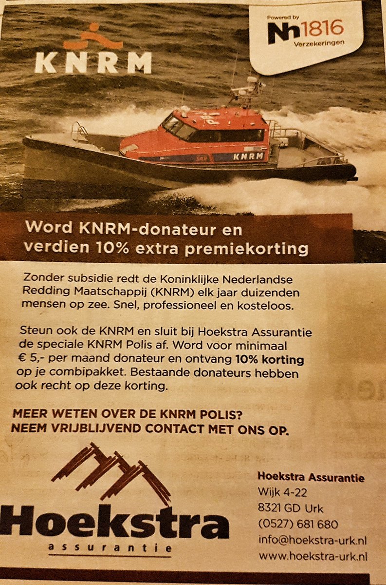 Mooie actie.  10% extra premiekorting <a href="/Hoekstra_Urk/">Hoekstra Ass. & Mak.</a> <a href="/KNRM/">KNRM</a> #donateur 👍