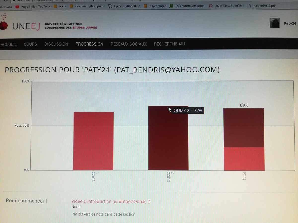 Patybio1's tweet photo. Mooc 2 Levinas terminé.
Ouf je respire ce soir ;)
Super heureuse, évaluation terminée finale avec 72%.... Ce fût difficile , mais le travail régulier et la persévérance ont fini par être fructifiant. Merci à cet excellent professeur Félix Perez.#Uneej @gadibgui #mooclevinas https://t.co/A8LipKxAng