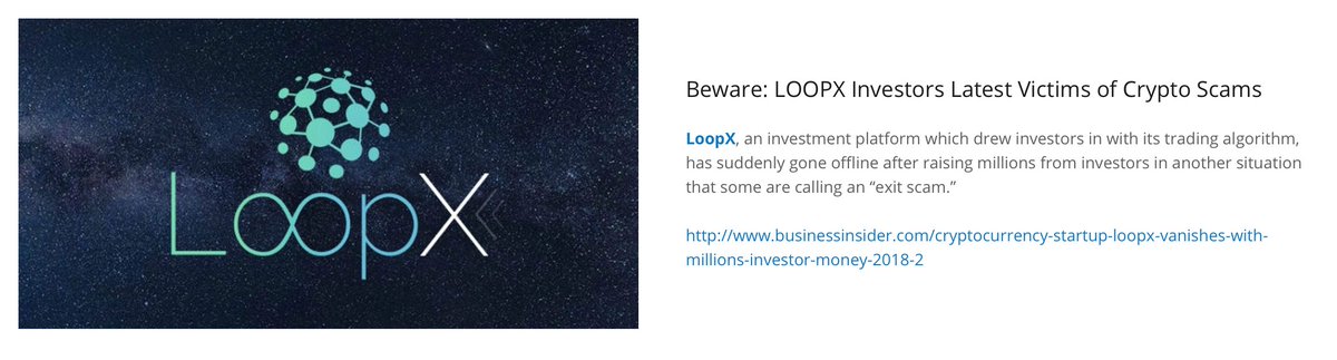 TheScamAlert's tweet photo. #Crypto Consumers Beware: # #Loopx #investors latest victims in #cryptoscams. LOOPX has gone offline in what appears as an "exit scam" This is the 5th largest #ICOscam in 2018. #cryptocurrency #cryptonews #bitcoin #btc #scams #cryptocurrencies #cryptos 
https://t.co/W2ju0y3dcX https://t.co/aqE4ZPG4O1