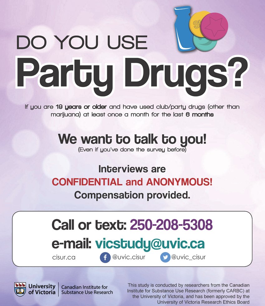 19+? in #yyj? Use illicit drugs (other than/in addition to cannabis)? Participate in our #clubdrug survey! Confidential, $$ provided.