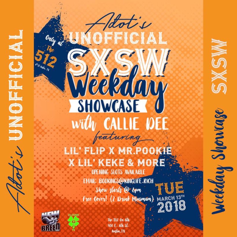 LiveCapitalTX's tweet photo. SXSW 512 SHOWCASE
LIL FLIP 🍀
LIL KEKE 👑
+ MORE
3/13
At "The 512 Bar" 408 E 6th St 78701
FREE ENTRY! NO RSVP NEEDED! https://t.co/9QL0dsUezx