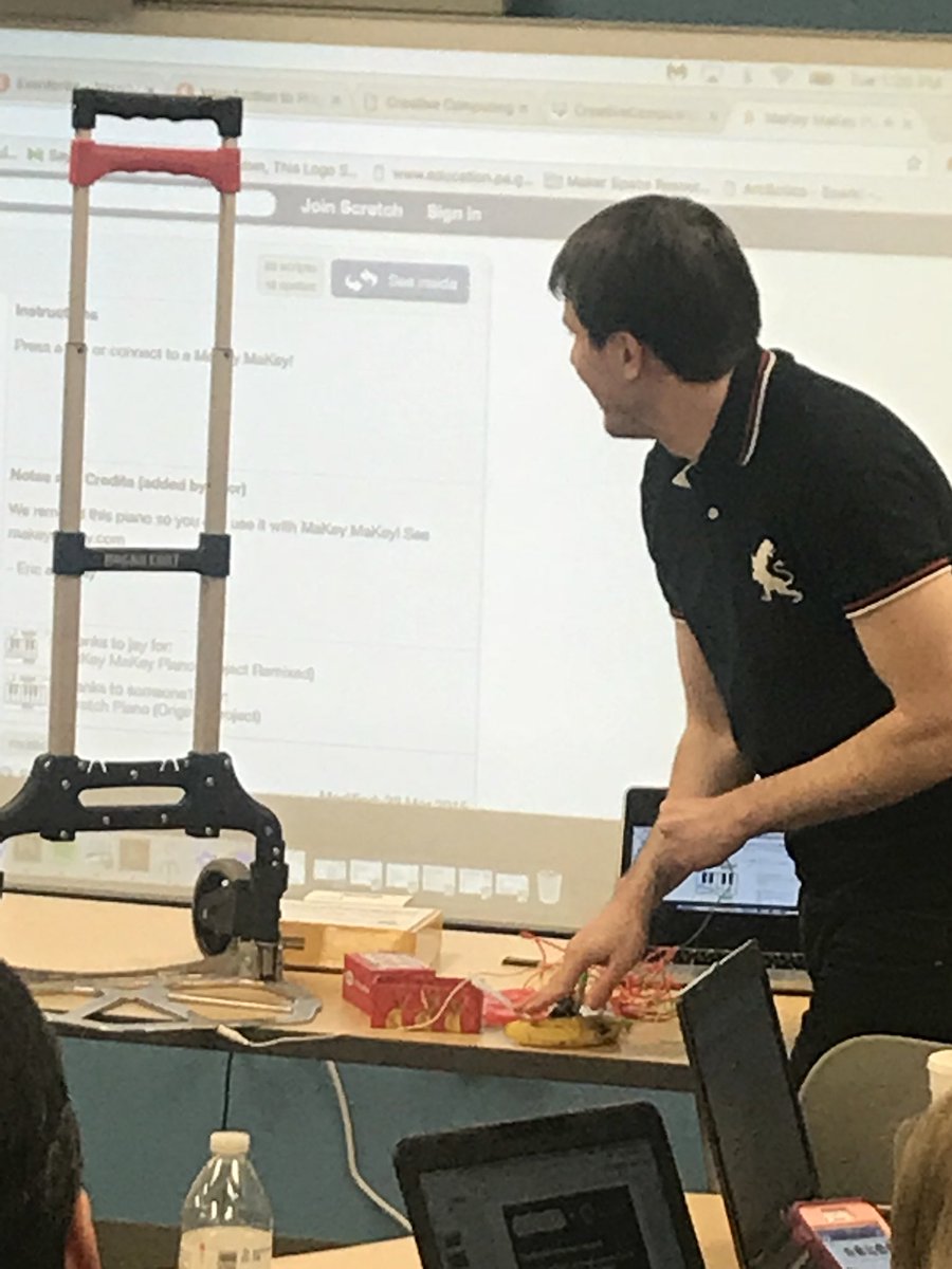 NewCastleAreaSD's tweet photo. @TylerSamstag demonstrating #Scratch with the @makeymakey to workshop participants @MontourSD! So cool! #coding #codelikea5thgrader https://t.co/SnWcLcUuYD