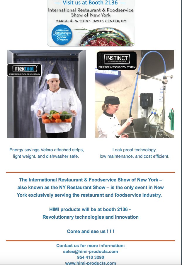 HIMIProducts's tweet photo. HIMI will be exhibiting at booth 2136 at the NYC Restaurant and Lodging Show!
#HIMIProducts #flexcool #instinct #RestaurantEquipment #PreRinseFaucets #CoolerCurtains #himi #commercialrestaurantequipment #restaurant #manufacturing #madeintheusa #kitchensupplies #restaurantdepot https://t.co/4xHzK7w917
