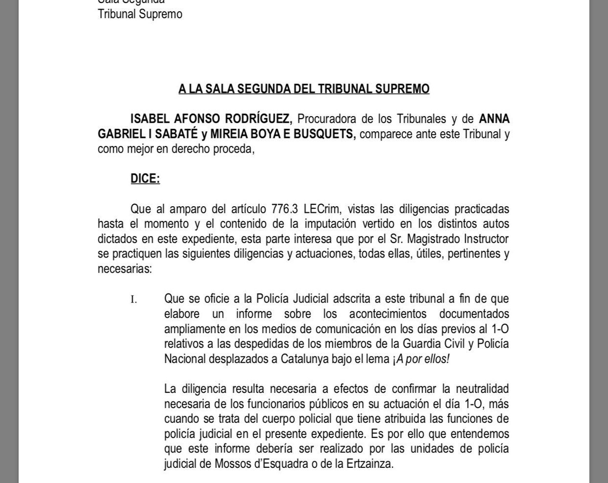 L'<a href="/AnnaGaSabate/">Anna Gabriel Sabaté</a> i <a href="/yeyaboya/">Mireia Boya Busquet</a> demanen a Llarena un informe de la policia sobre "l'A por ellos"