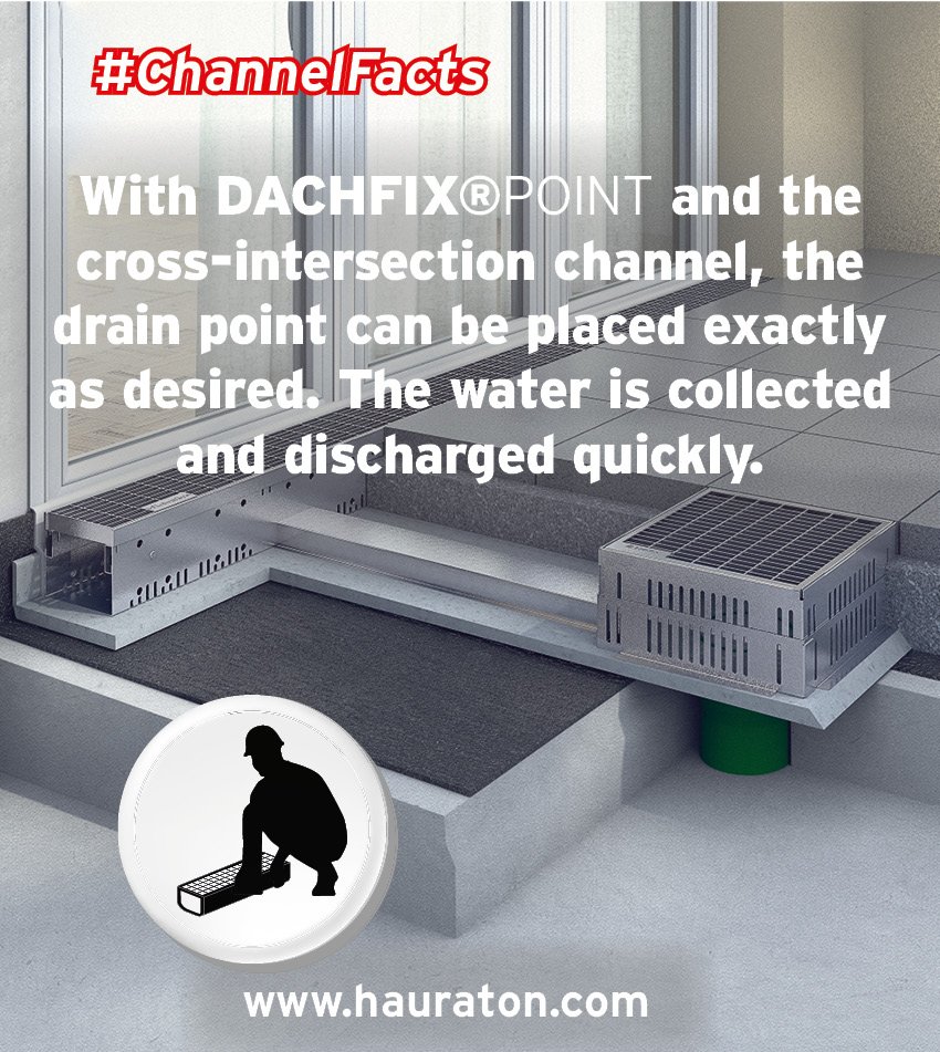 HAURATON_eu's tweet photo. #ChannelFacts: With #DACHFIX®POINT and the cross-intersection channel, the drain point can be placed exactly as desired. The water is collected and discharged quickly. https://t.co/eJZlFgWAWa